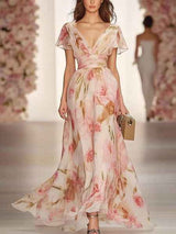 Lässiges Maxi-Kleid mit Taillendetail, Blumendruck und V-Ausschnitt mit kurzen Ärmeln