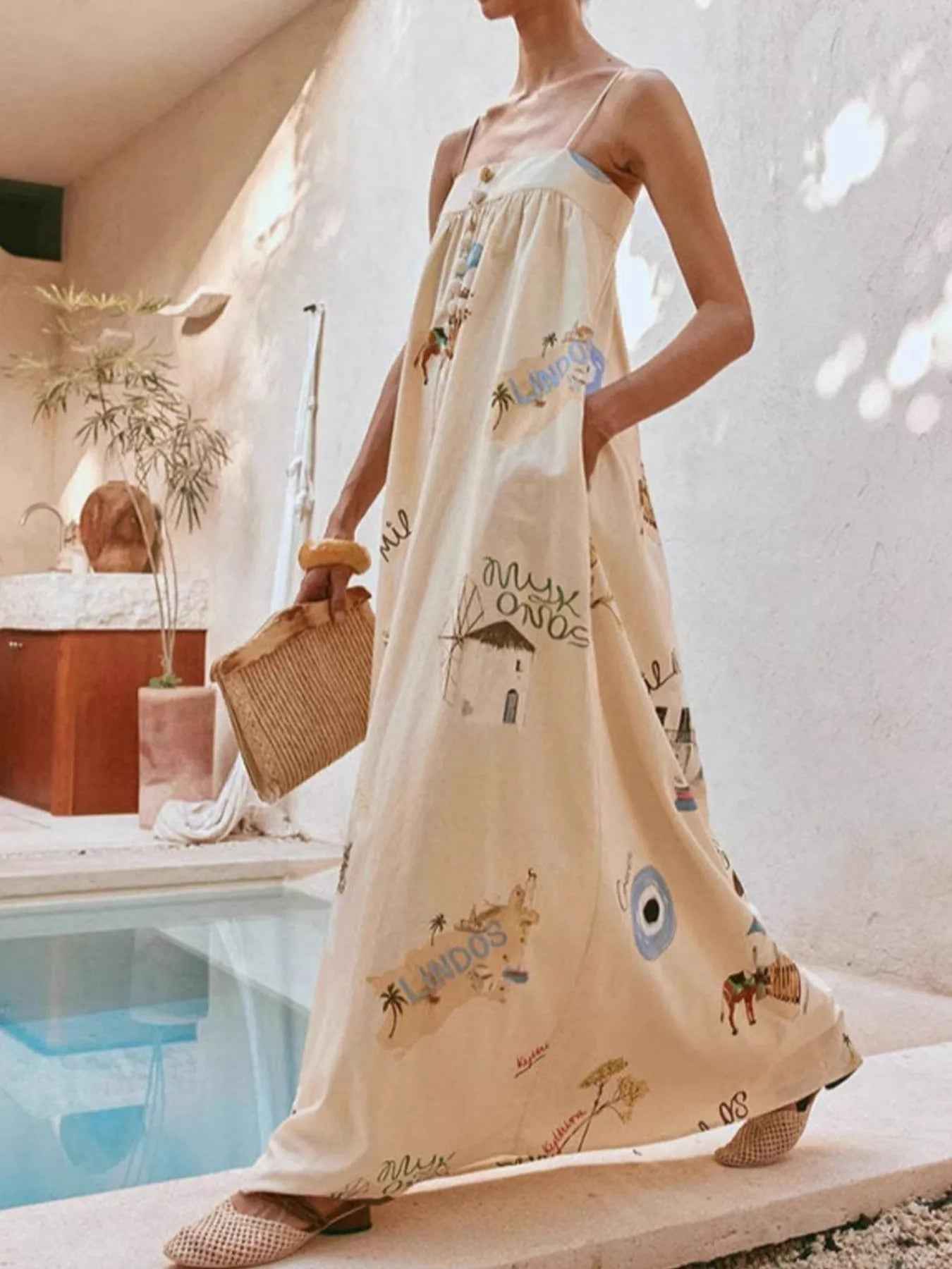 Elegantes trägerloses Maxikleid mit quadratischem Ausschnitt und Druck für einen stilvollen Look