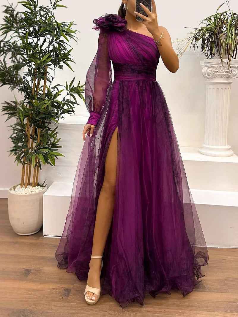 Maxi-Einkleid mit einseitigem Schulterdesign aus Strickware und abstraktem Farbabstufungsmuster