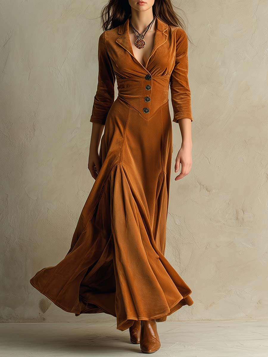 Elegantes langärmeliges Samt-Kleid mit retro Kragen in Braun