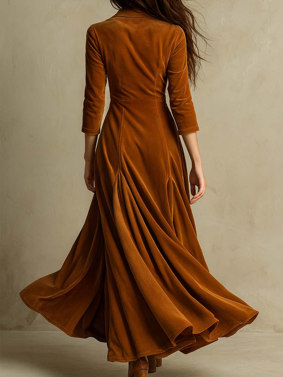 Elegantes langärmeliges Samt-Kleid mit retro Kragen in Braun