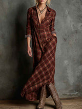 Elegant green checkered lapel shirt dress with single button for a stylish look