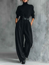 Conjunto negro de top de manga larga con cuello alto y pantalón de pierna recta - 2 piezas (incluye cinturón)
