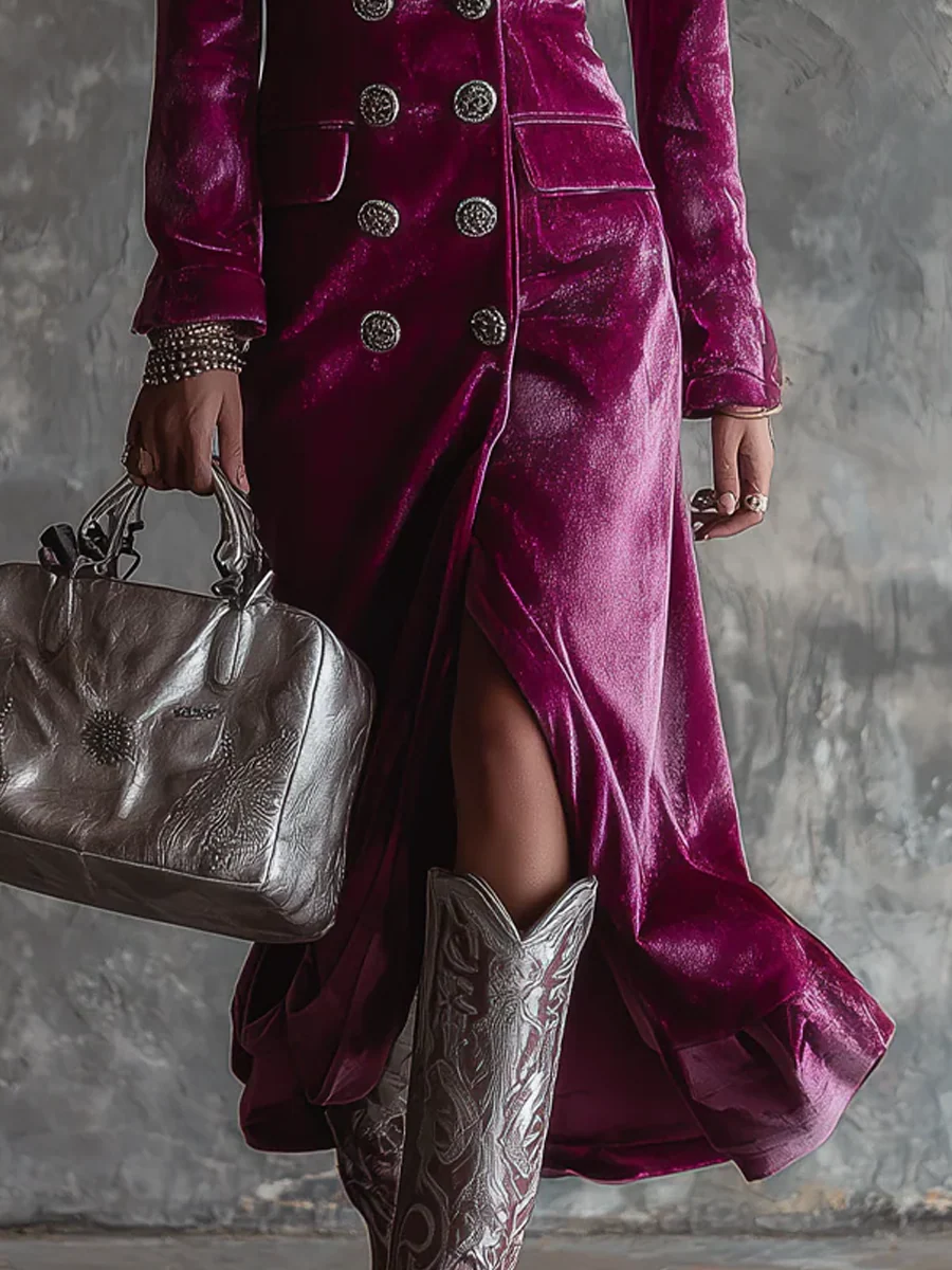 Maxi-Velourkleid in Violett mit Knöpfen und Langarm