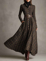 Elegant brown and black checkered platform label one-shoulder dress