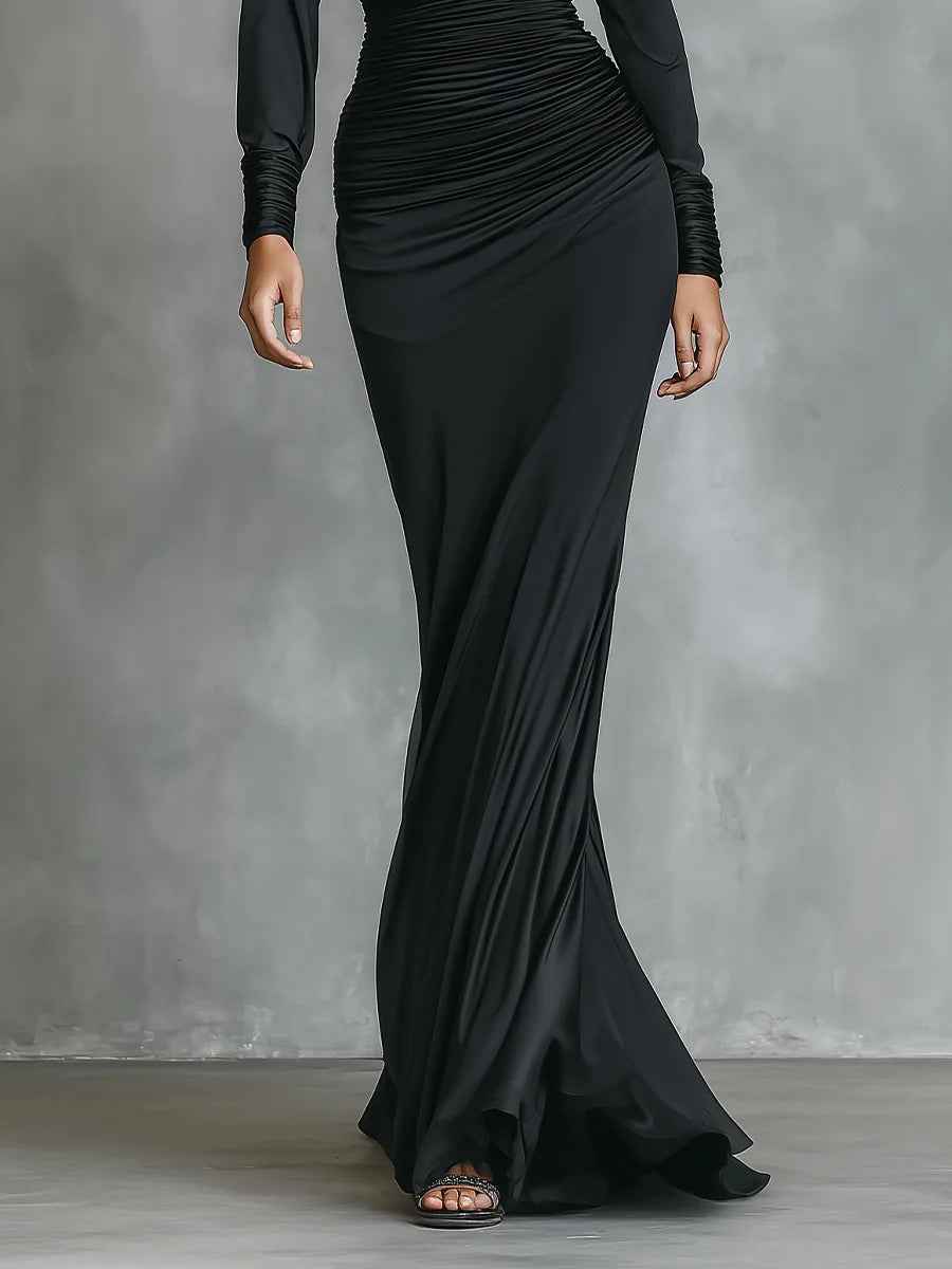 Elegantes langes Abendkleid aus schwarzem Satin, einarmig, drapiert und figurbetont, Meerjungfrau-Schnitt