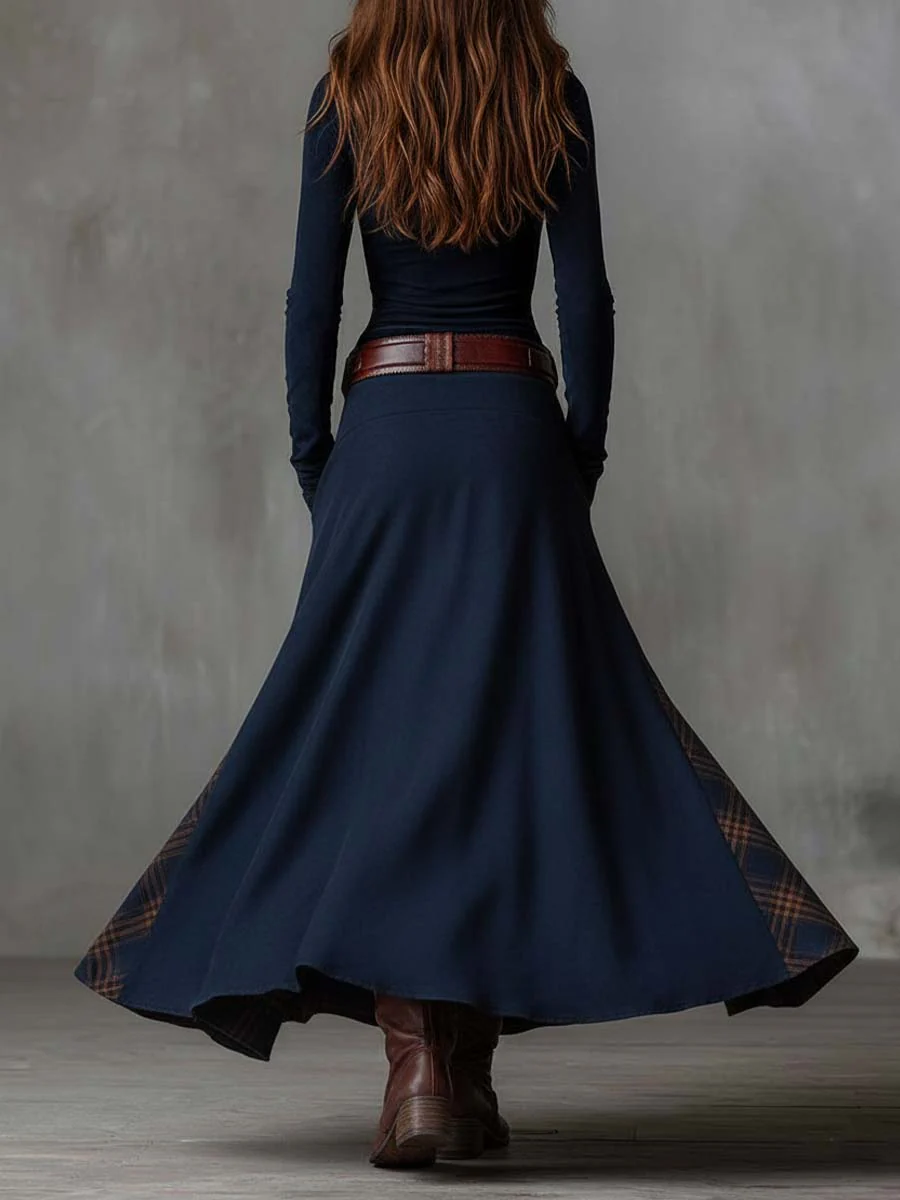 Vintage-Navy-Samt-Maxirobe mit Karo-Muster und Gürtel für einen eleganten und retro Stil