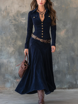 Elegante vestido maxi vintage de terciopelo de poliéster con bolsillos de solapa y cinturón