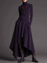 Chic purple turtleneck top with asymmetrical skirt - stylish two-piece set  