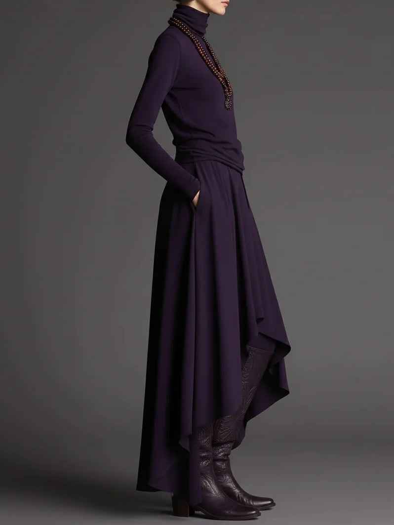 Purple Turtleneck Top and Asymmetrical Skirt Two-piece Set