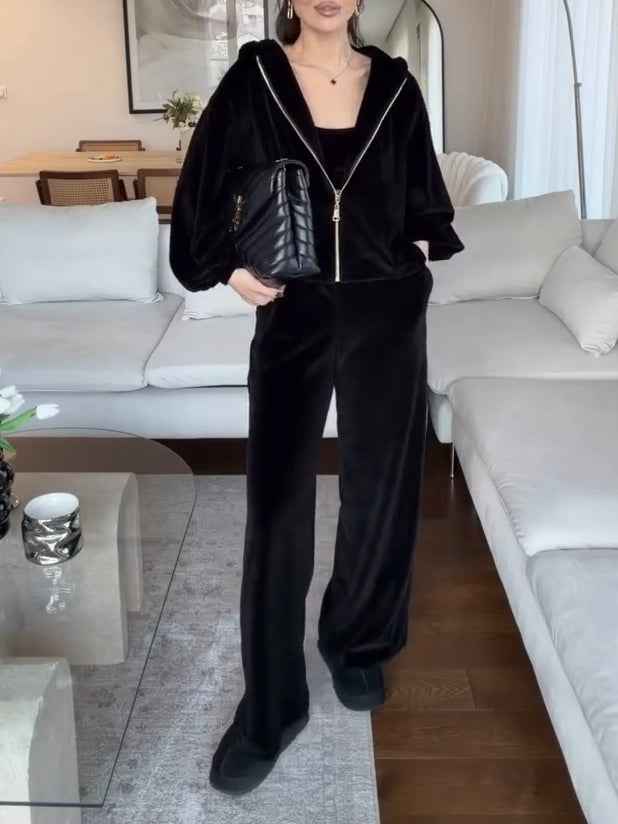 Dunkelbraune Samt-Kapuzen-Cardigan mit weiten Hosen – Casual-Set