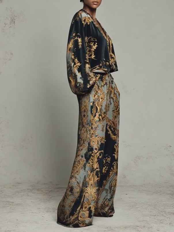 Barockinspirierte Ornate Blumenprint-Top mit weiten Hosen – Elegantes Casual-Outfit