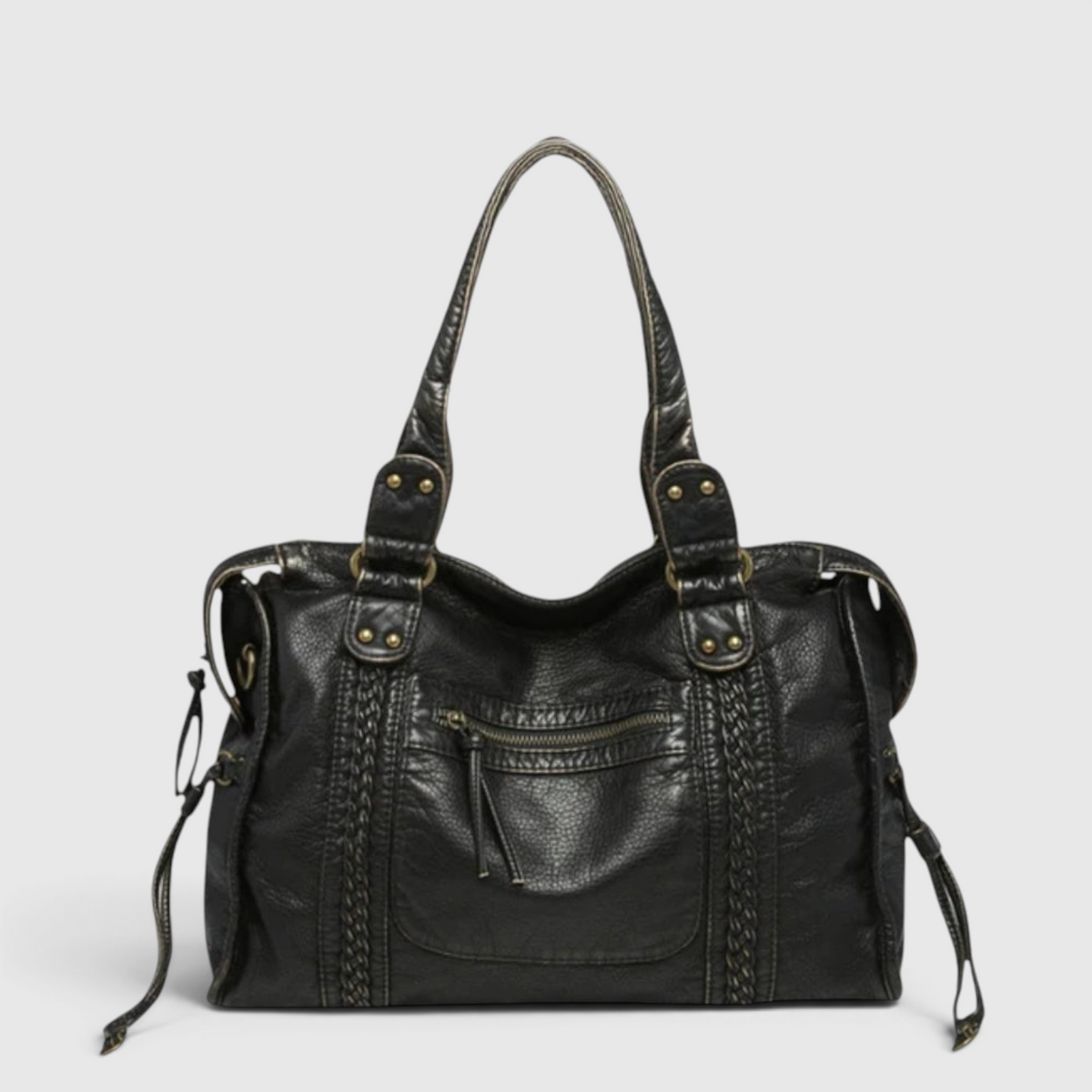 Schwarze Schultertasche Damen – Trendige Kunstleder-Handtasche mit Reißverschlussfächern
