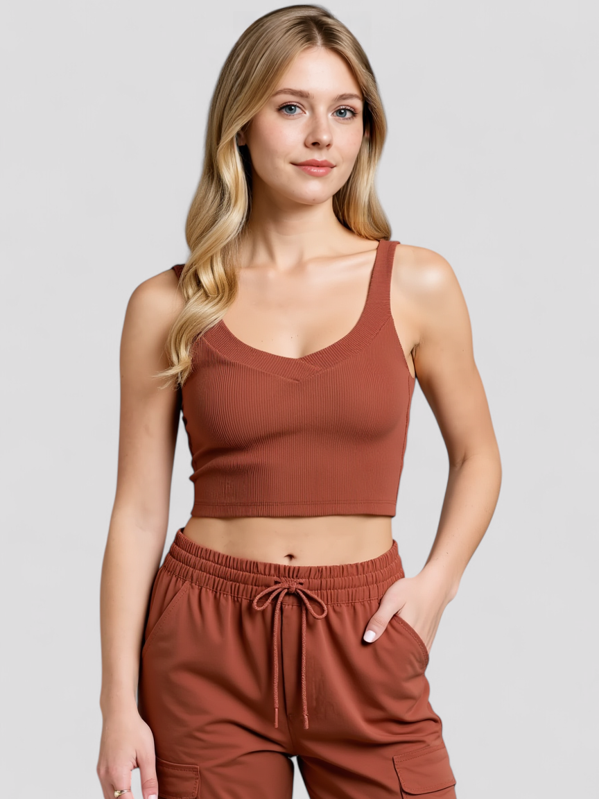 Chloe | Damen Rippstrick Kurzes Top Braun Tanktop Yoga Fitness Sommer