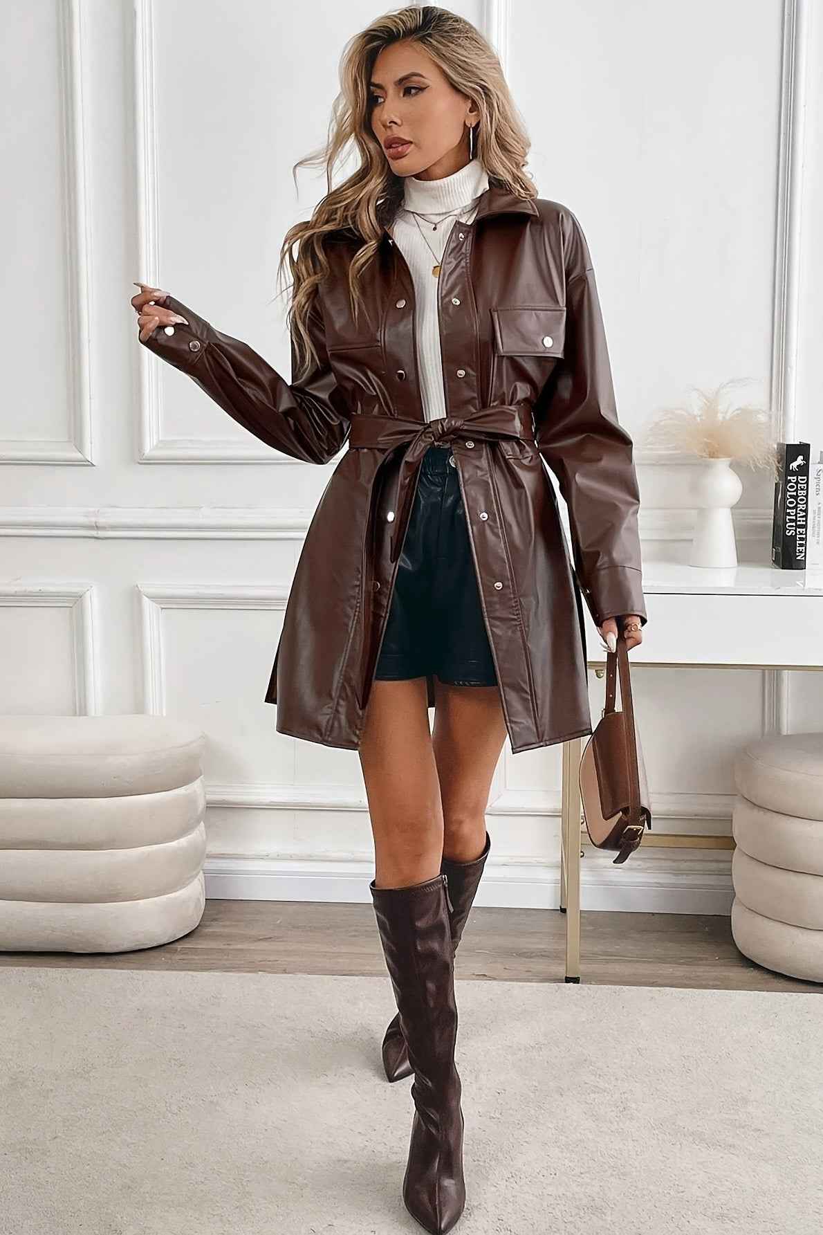 Damen mittel-langes winddichtes Mantel mit Kunstledergürtel