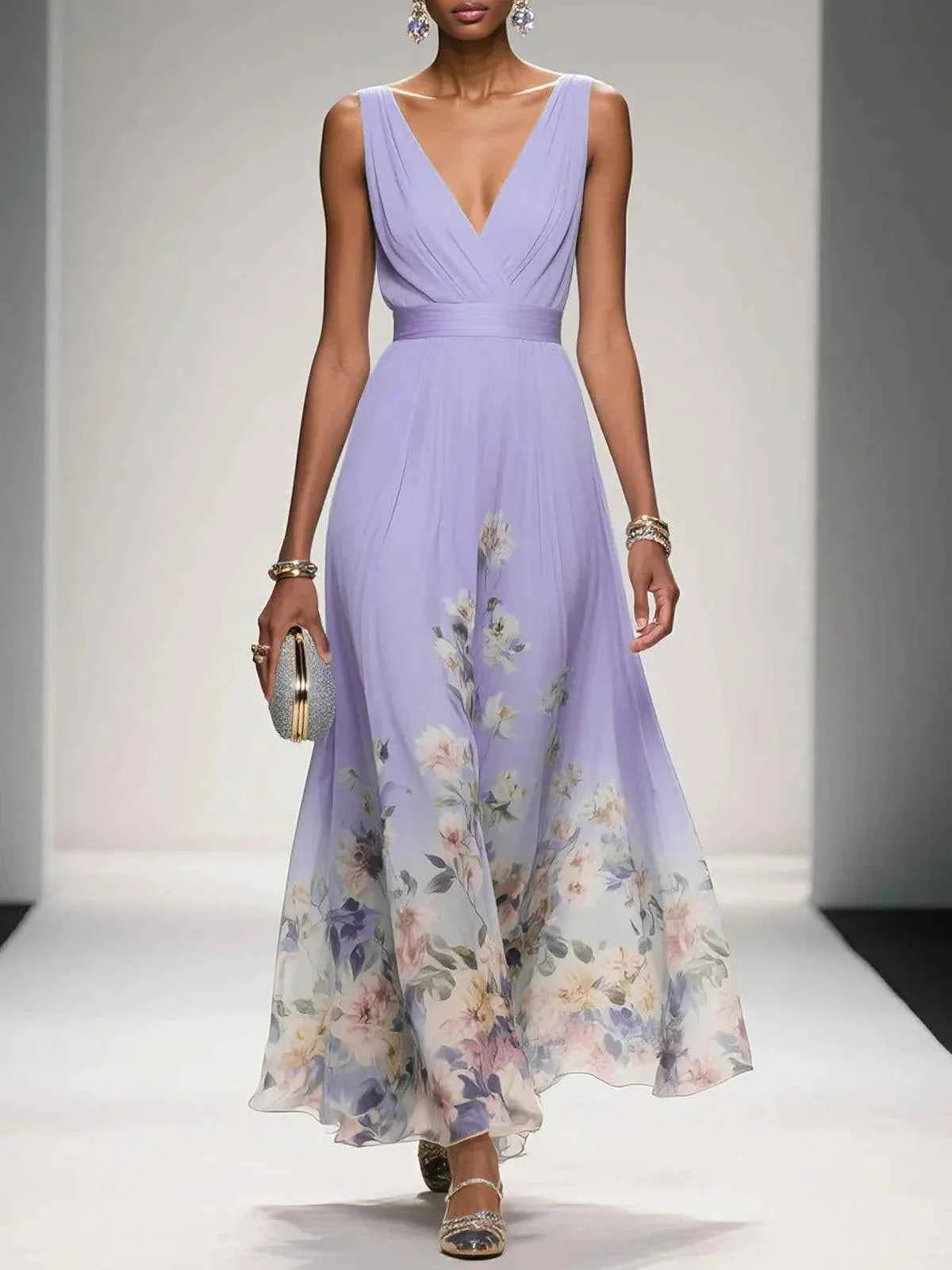 Elegantes hellblaues geblümtes Chiffon-Maxikleid mit V-Ausschnitt, ärmellos, A-Linie