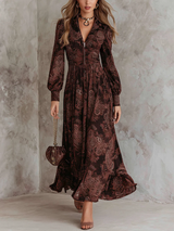 Elegante vestido largo marrón con estampado paisley y cremallera para un look elegante y con estilo