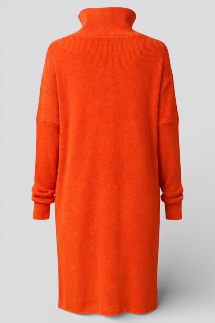 Elegantes gestricktes Midikleid mit Knopfverschluss, Reverskragen und Orange