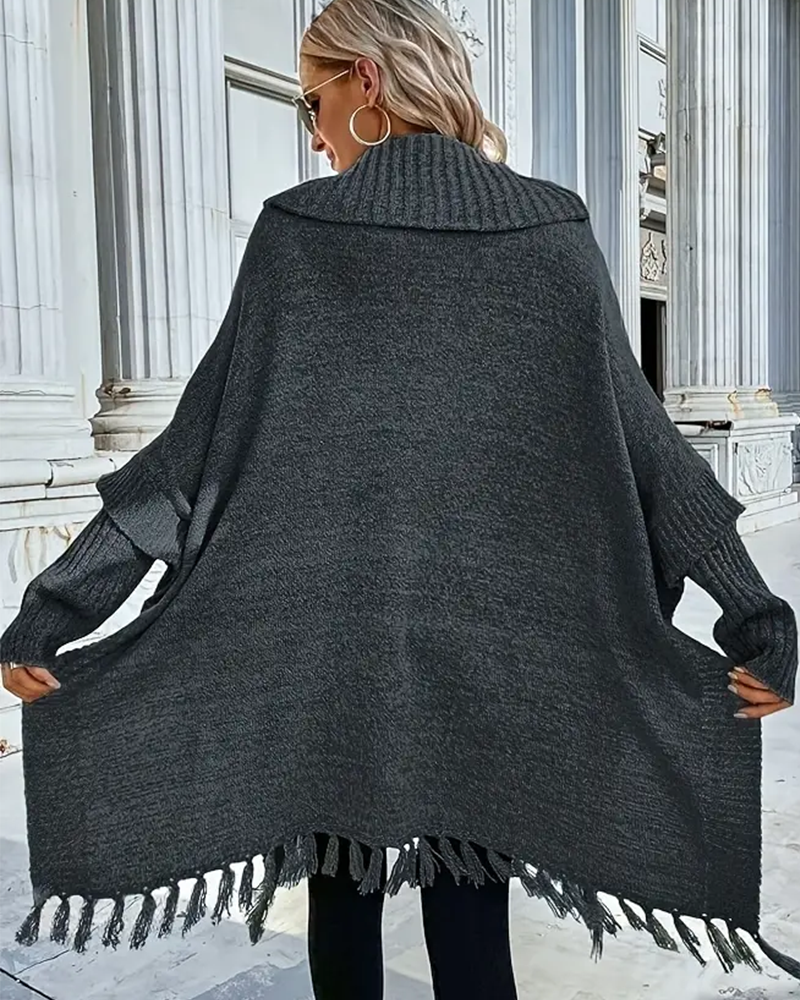 Turtleneck Batwing Sleeve Tassel Cardigan