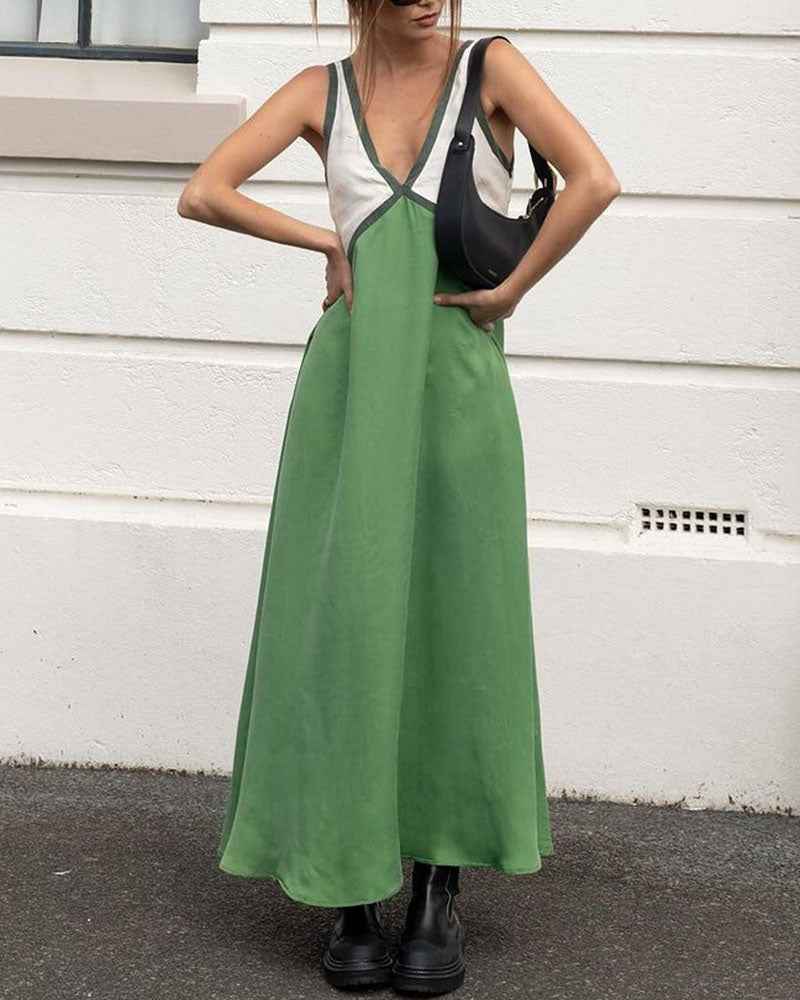 Elegant Chic V-Ausschnitt Kleid mit Kontrastfarben für einen stilvollen Auftritt