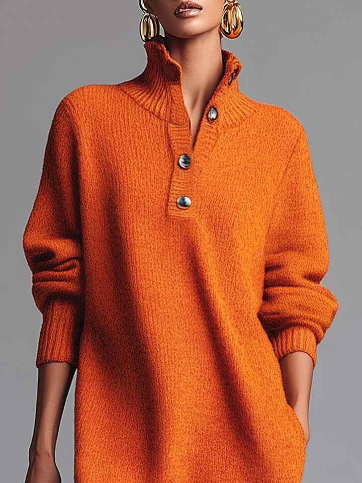 Elegantes gestricktes Midikleid mit Knopfverschluss, Reverskragen und Orange