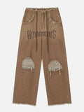 Trendy løse jeans med frynser og stilfulde bogstavdetaljer