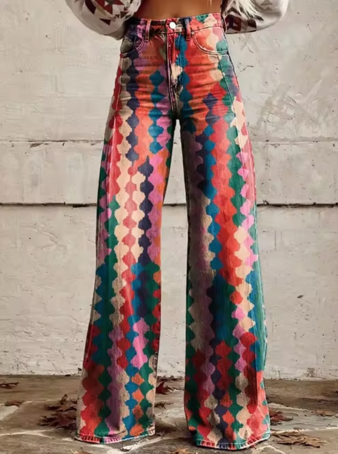 Sophie | Elegante weite Hose mit fröhlichem buntem Druck für einen frischen Look