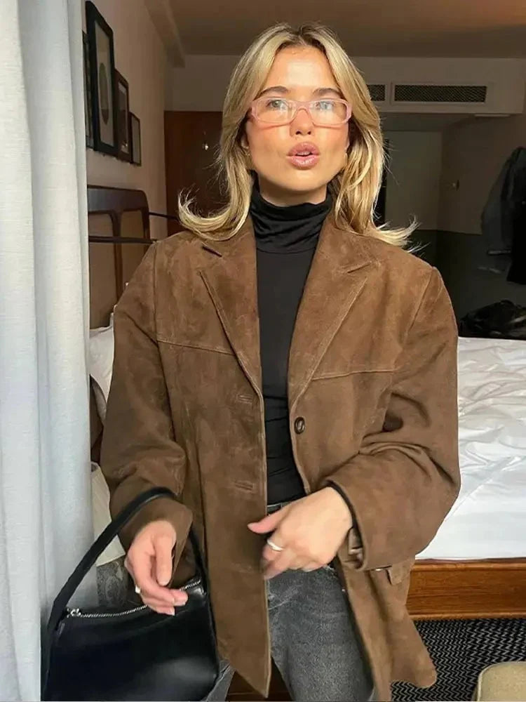 Damen Oversize Blazer - Braune Wildlederoptik mit Revers