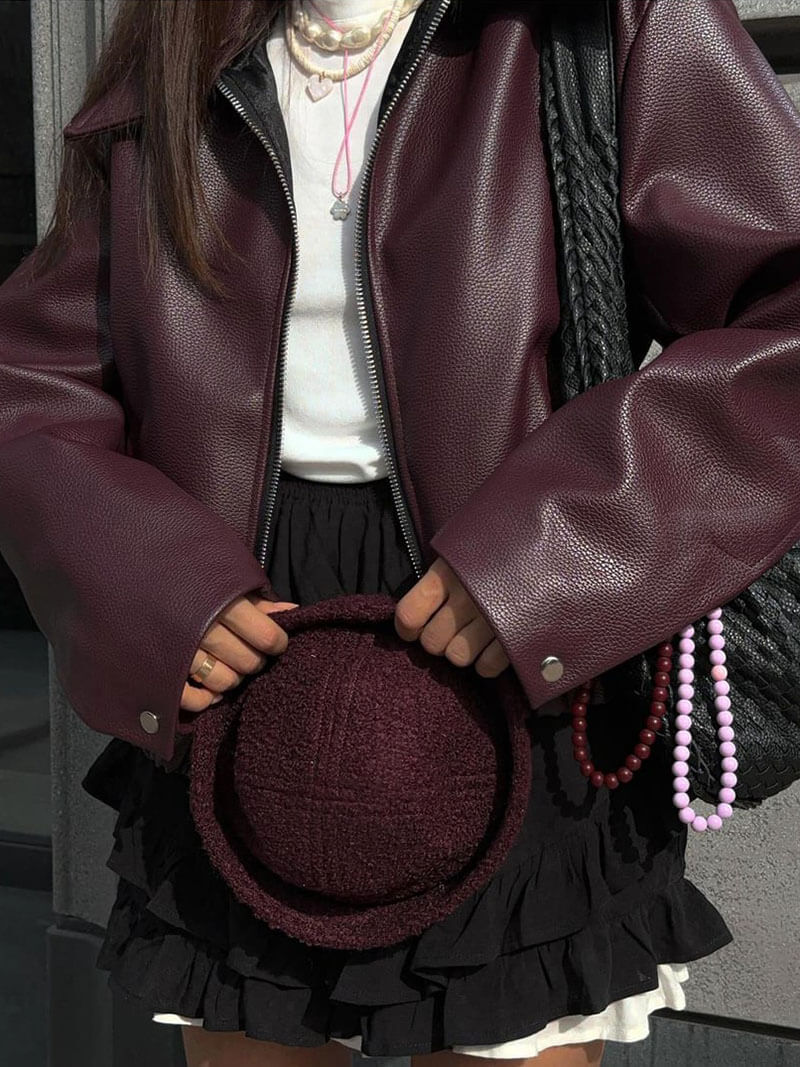 Damen Kurze Kunstlederjacke mit Reißverschluss und Kragen