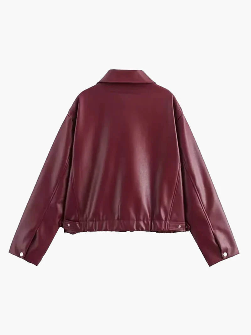 Damen Kurze Kunstlederjacke mit Reißverschluss und Kragen