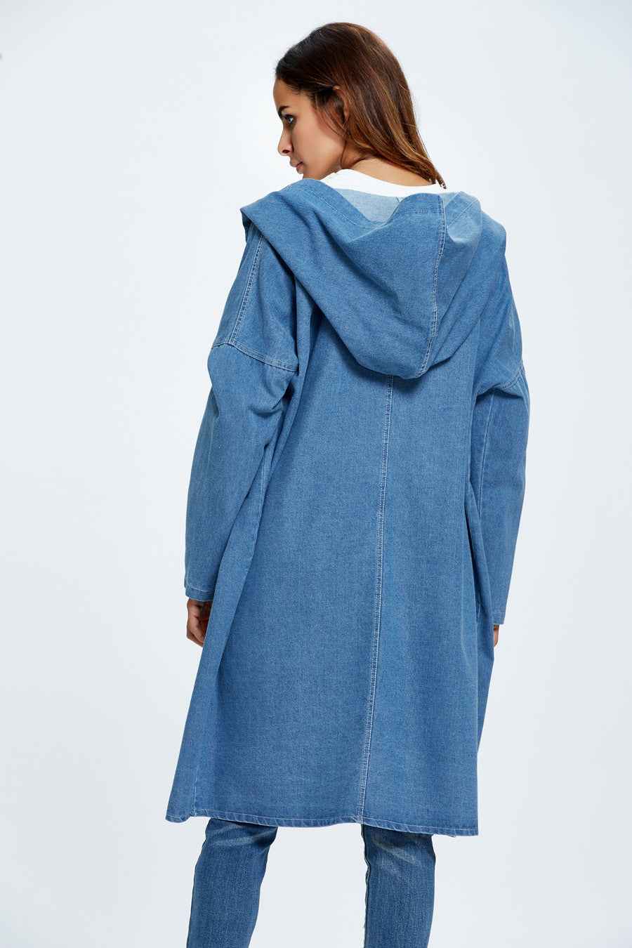 Maxi Denim Mantel mit Stilvollem Kapuzenpullover