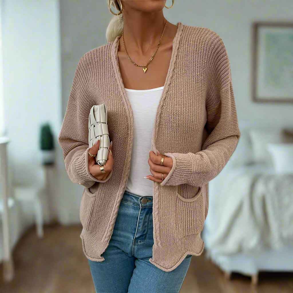 Women Open Front Long Sleeve Pocket Knitted Cardigan