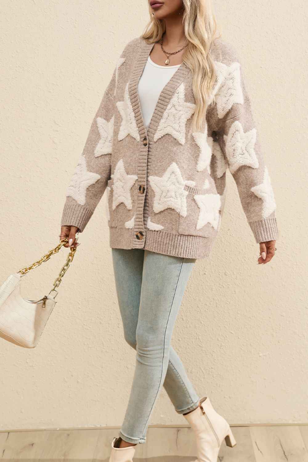 Kuscheliger Sherpa-Stern-V-Ausschnitt-Cardigan mit Fronttaschen