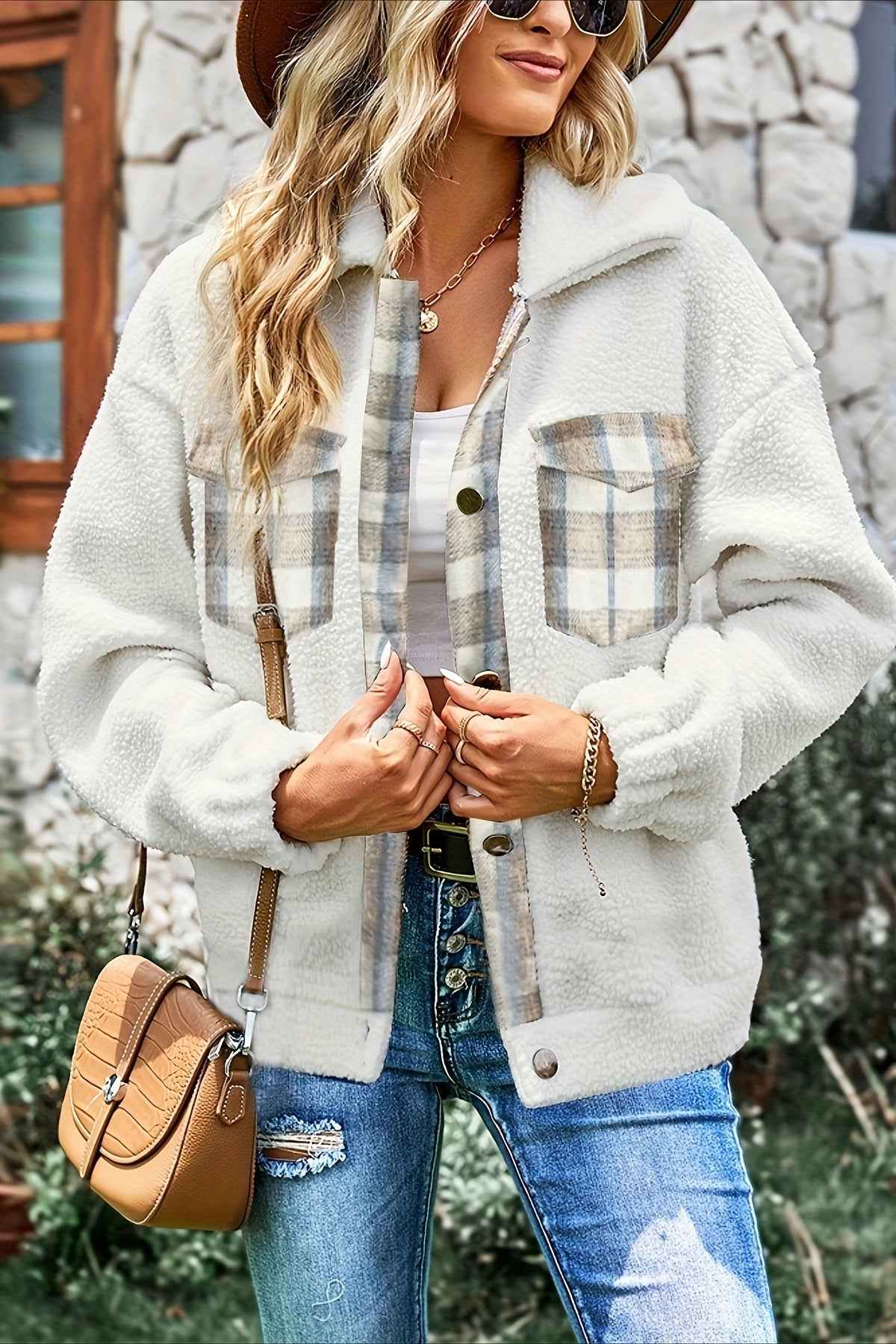 Weißer Wollmantel im Colorblock- und Karo-Design