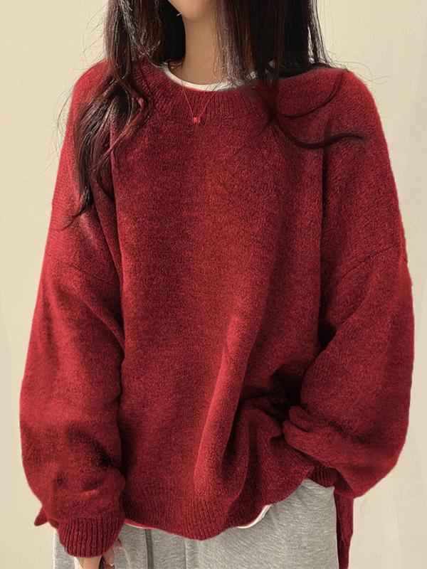 KIARA™ - Women's Drop Shoulder Split Hem Round Neck Sweater