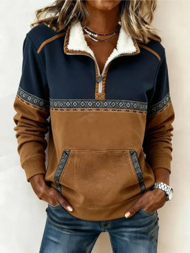 Damen Pullover - Halb-Reissverschluss mit Sherpa-Kragen, Cognac