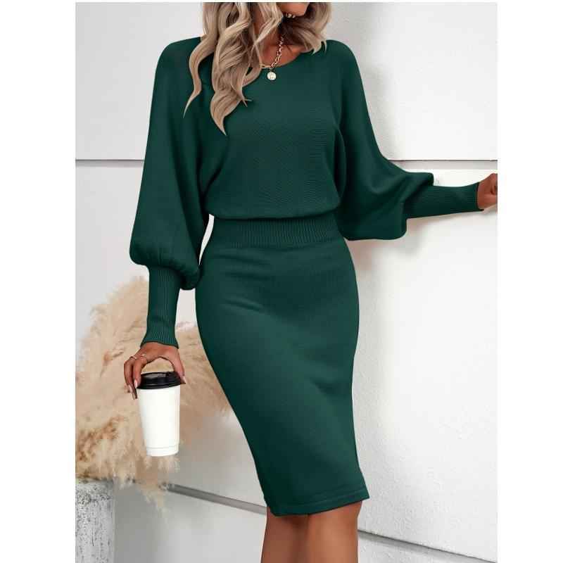 LEAH™ Elegantes, figurschmeichelndes tailliertes Strickkleid mit Laternenärmeln