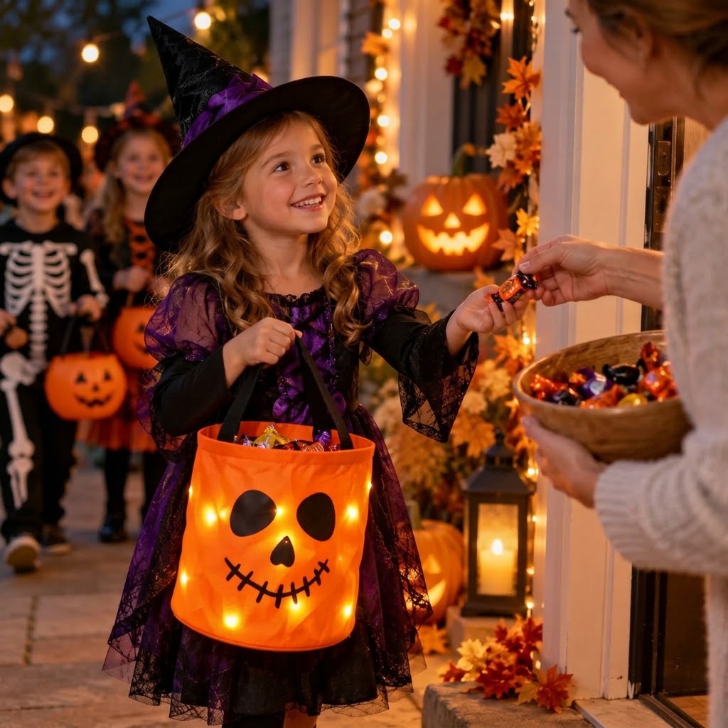 LED-Kürbis-Süßigkeitenkorb mit Griff für Halloween