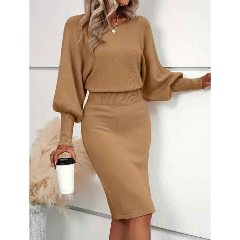 LEAH™ Elegantes, figurschmeichelndes tailliertes Strickkleid mit Laternenärmeln