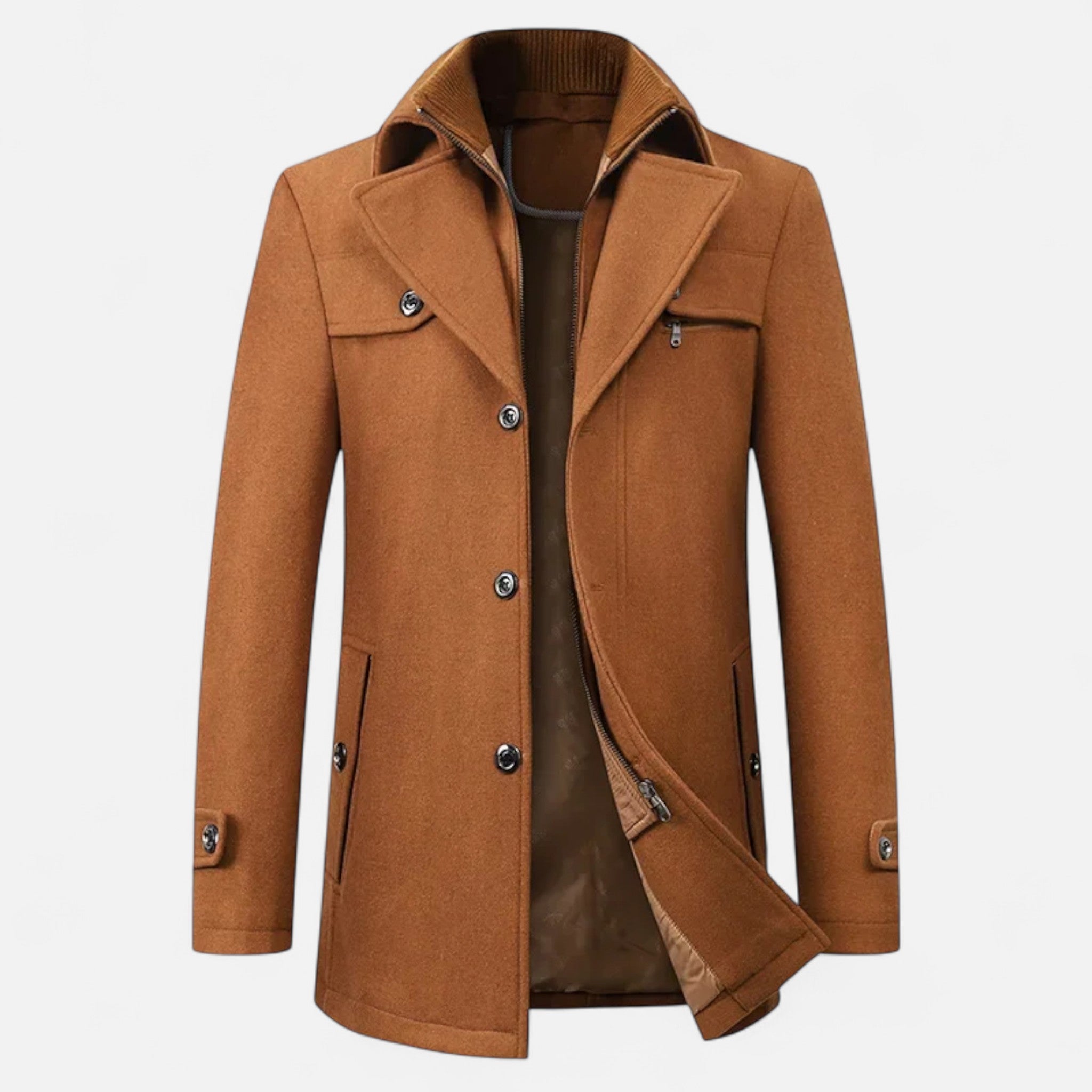 Eleganter Herren Trenchcoat aus Wolle mit Doppelkragen & Reißverschluss