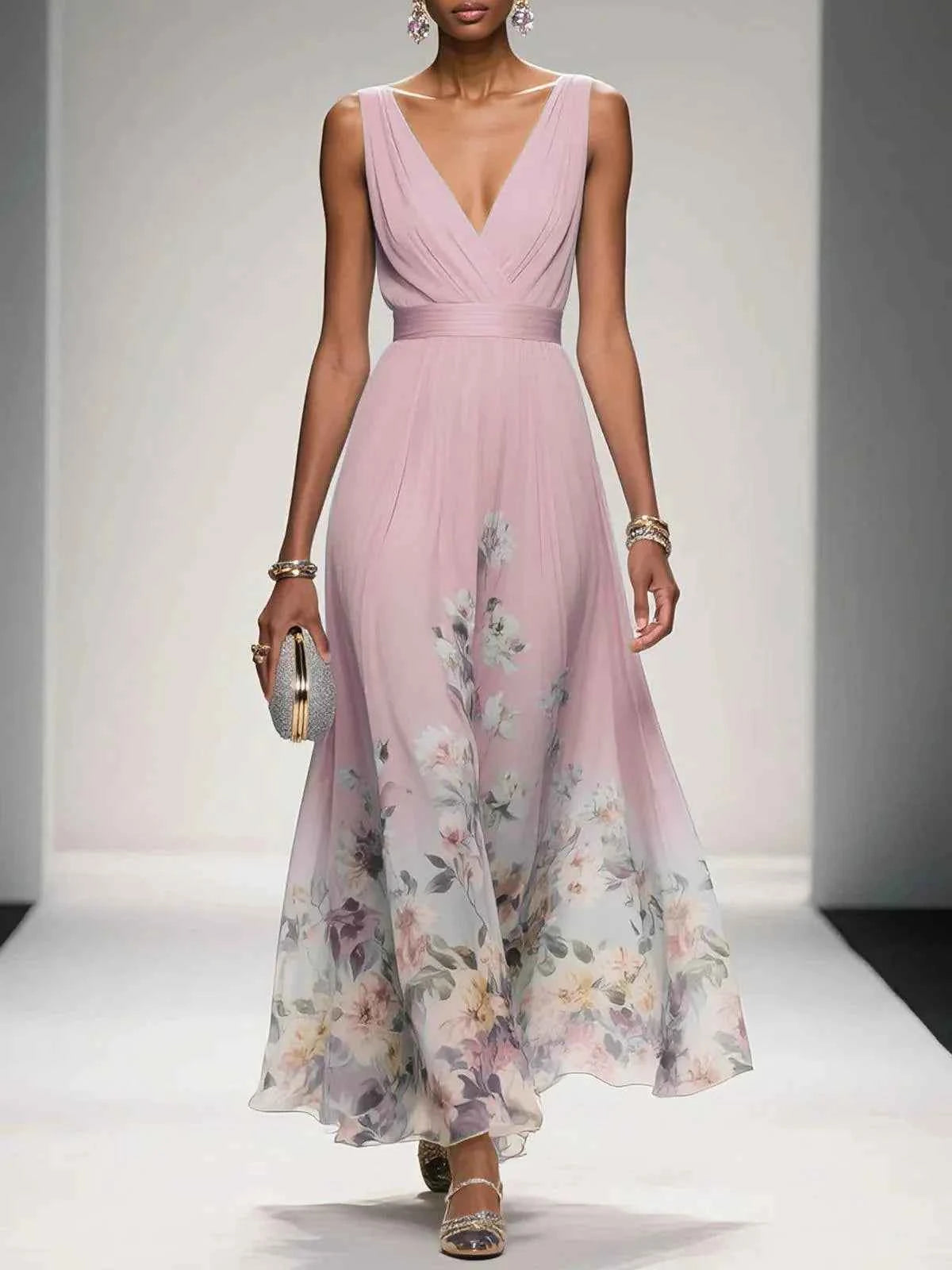 Elegantes hellblaues geblümtes Chiffon-Maxikleid mit V-Ausschnitt, ärmellos, A-Linie