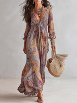 Paisley-Muster V-Ausschnitt-Kleid mit Taillengürtel