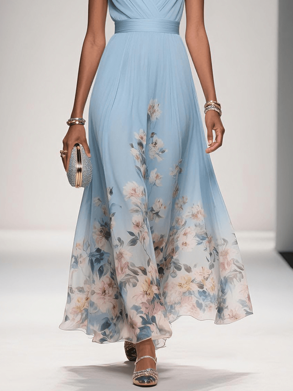 Elegantes hellblaues geblümtes Chiffon-Maxikleid mit V-Ausschnitt, ärmellos, A-Linie