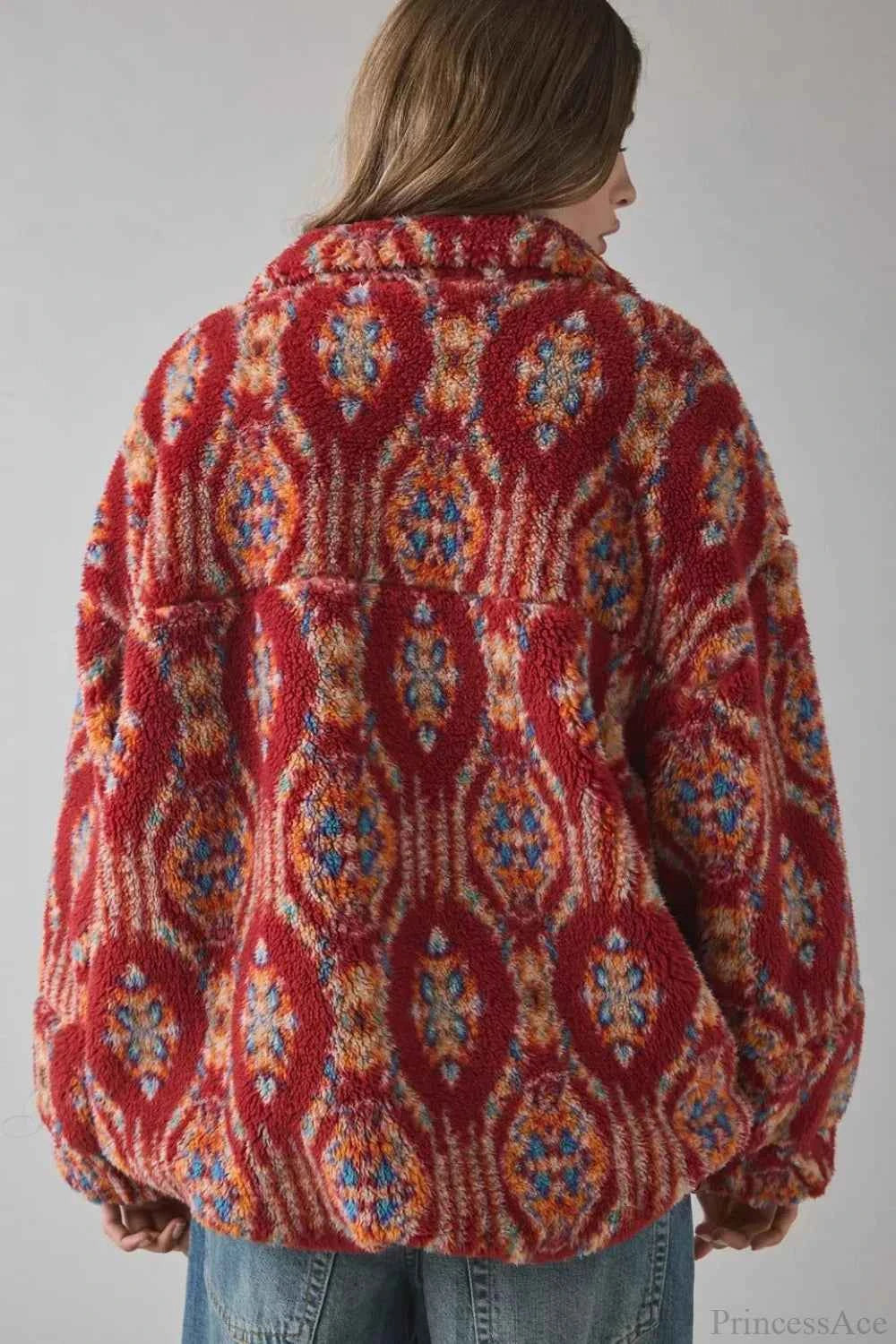 Lässiger ethnischer Fleecepullover mit Reißverschluss und Stehkragen