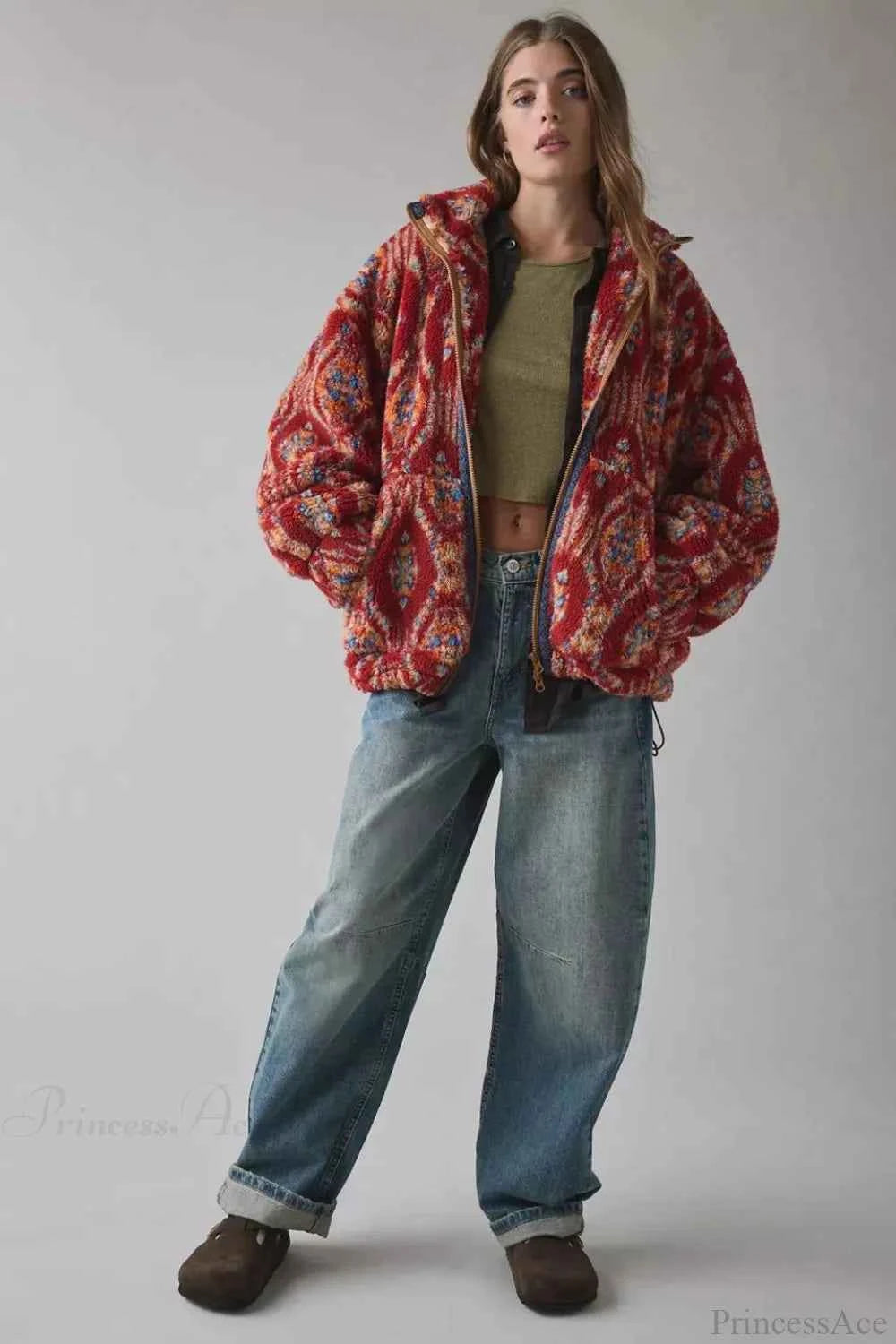 Lässiger ethnischer Fleecepullover mit Reißverschluss und Stehkragen