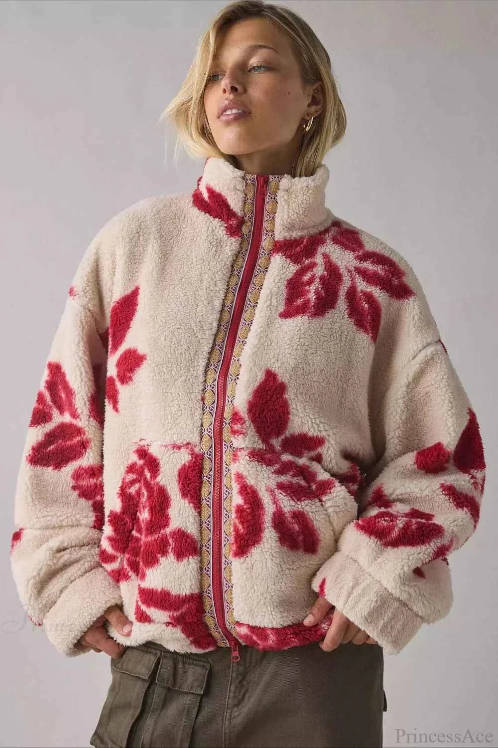 Lässiger ethnischer Fleecepullover mit Reißverschluss und Stehkragen