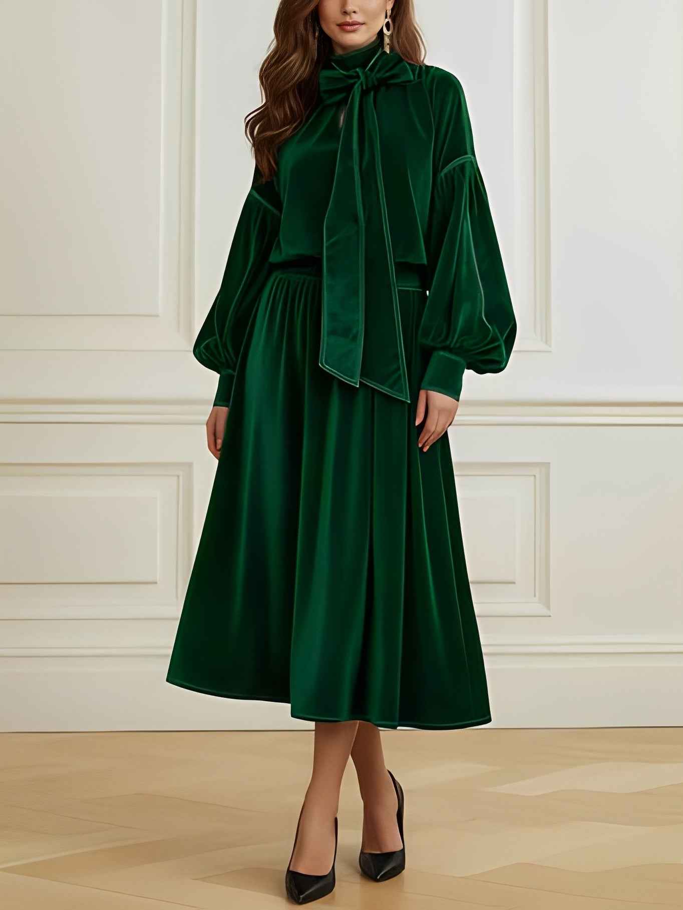 Green velvet puff sleeve bow top and skirt set
