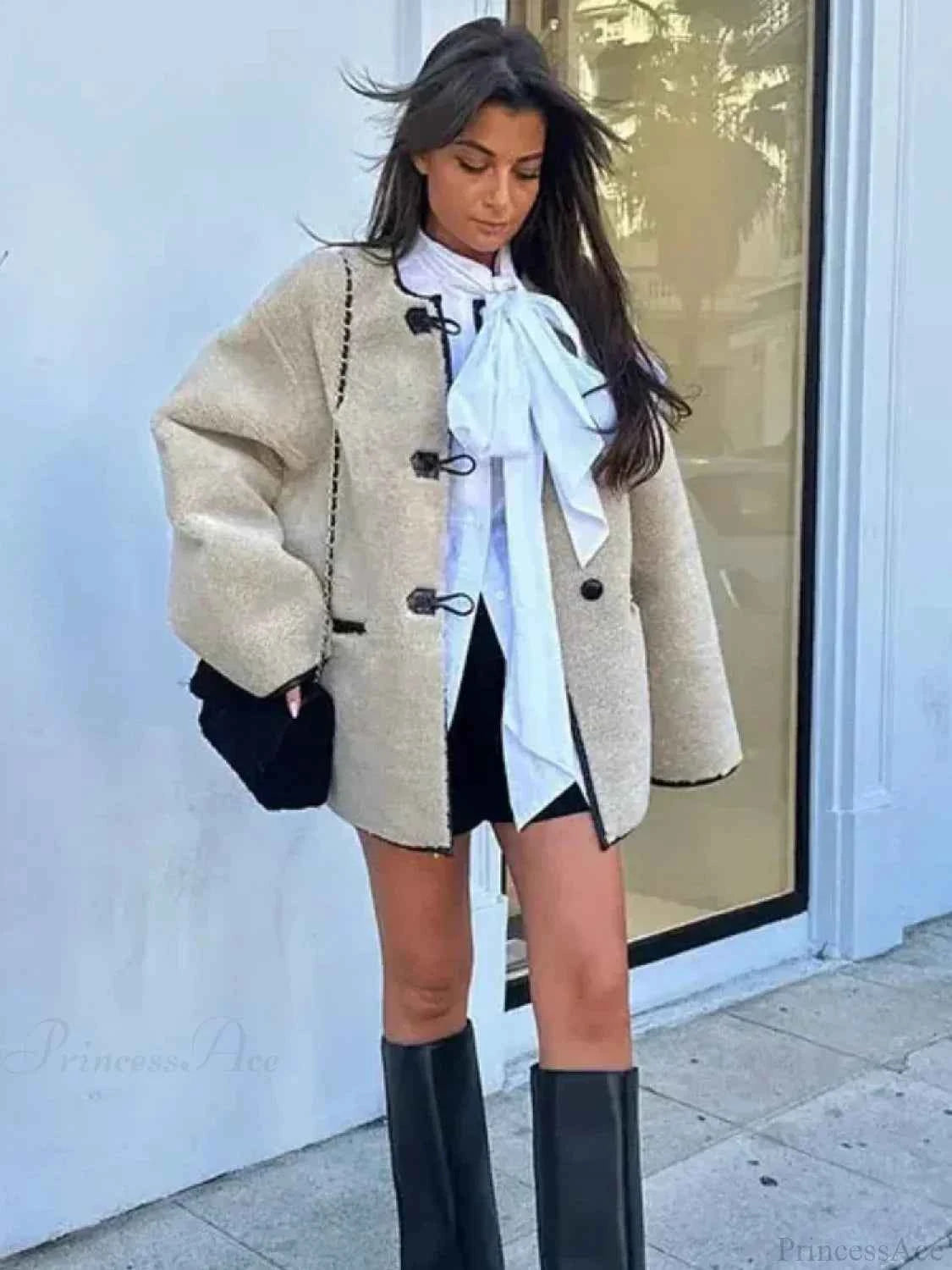 Oversize Vintage Faux-Fell-Jacke mit Rundhalsausschnitt