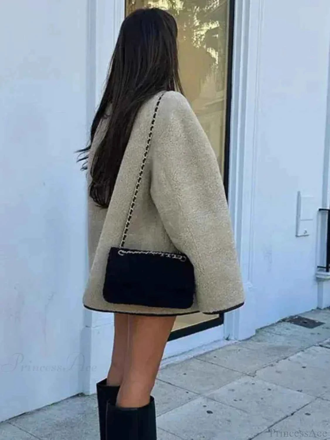 Oversize Vintage Faux-Fell-Jacke mit Rundhalsausschnitt