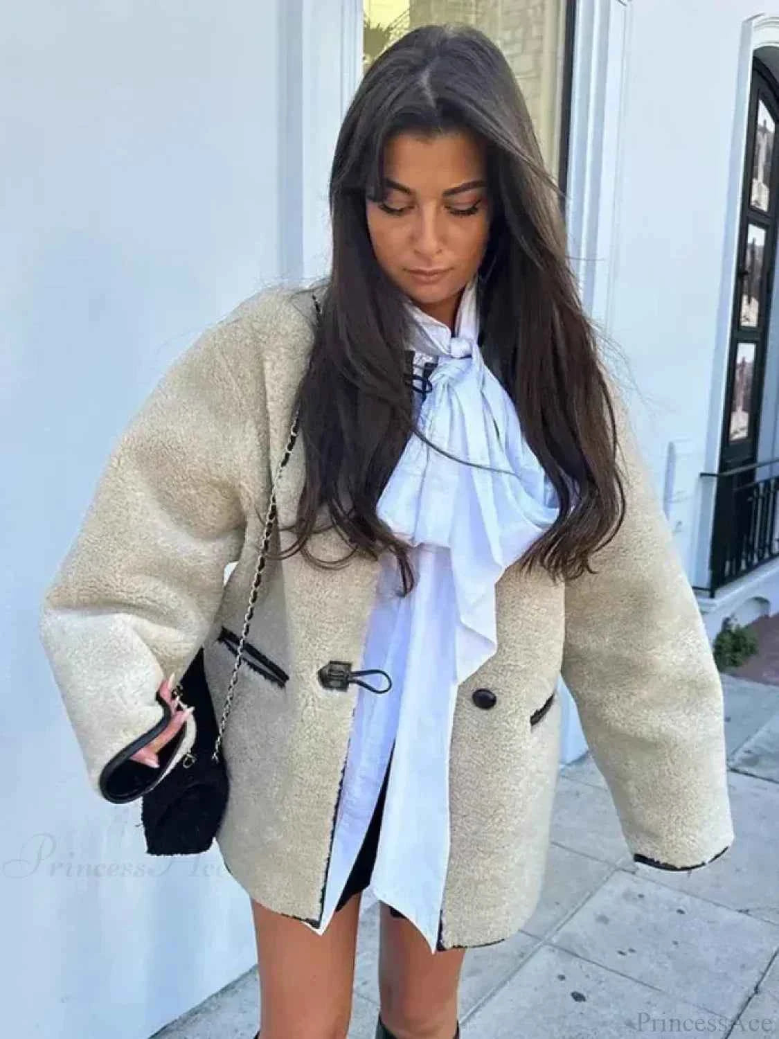 Oversize Vintage Faux-Fell-Jacke mit Rundhalsausschnitt